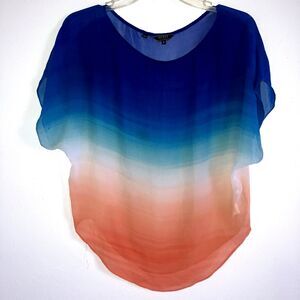 GUESS sz S Blue Aqua Orange Ombré Chiffon Top Dolman Cap Sleeve Packable Flowy